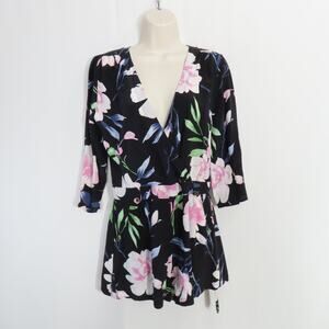 Yumi Kim Liz Romper Floral Paradise Found Black Silk Belted Surplice Size Small